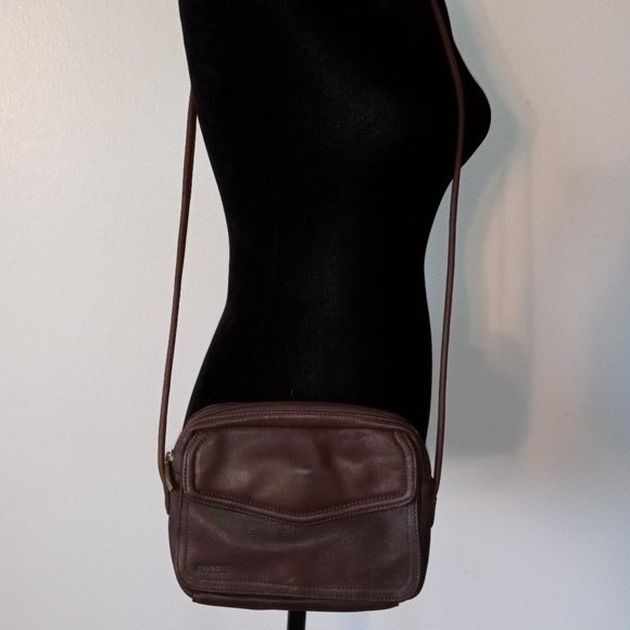 Rare 1980s FOSSIL Dark Coffee Brown Leather Compact Crossbody Organizer - Picture 1 of 12